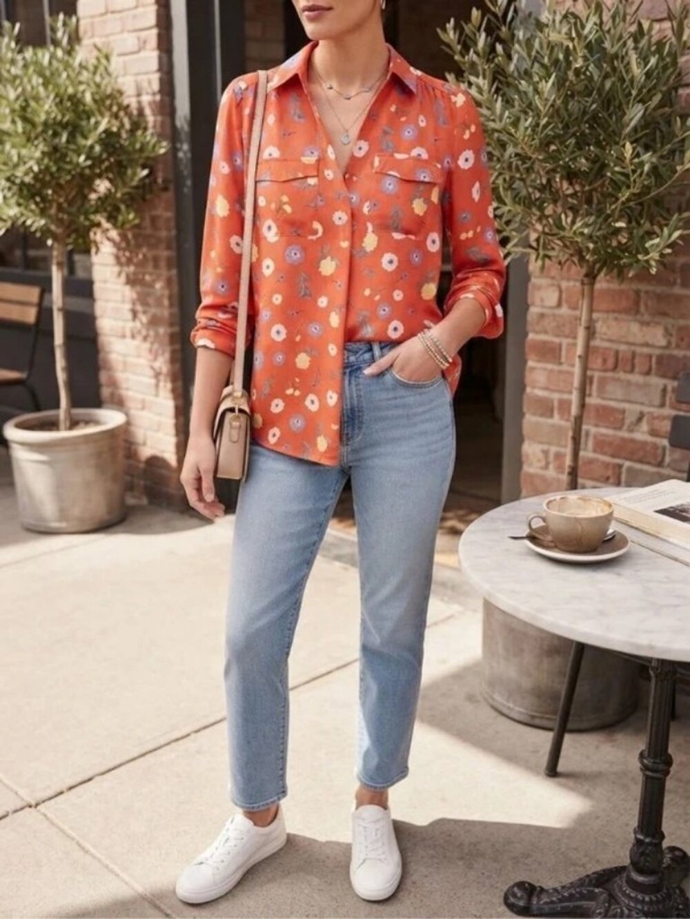 Ann Taylor Rust Orange Floral Button-Up Shirt Size XS
